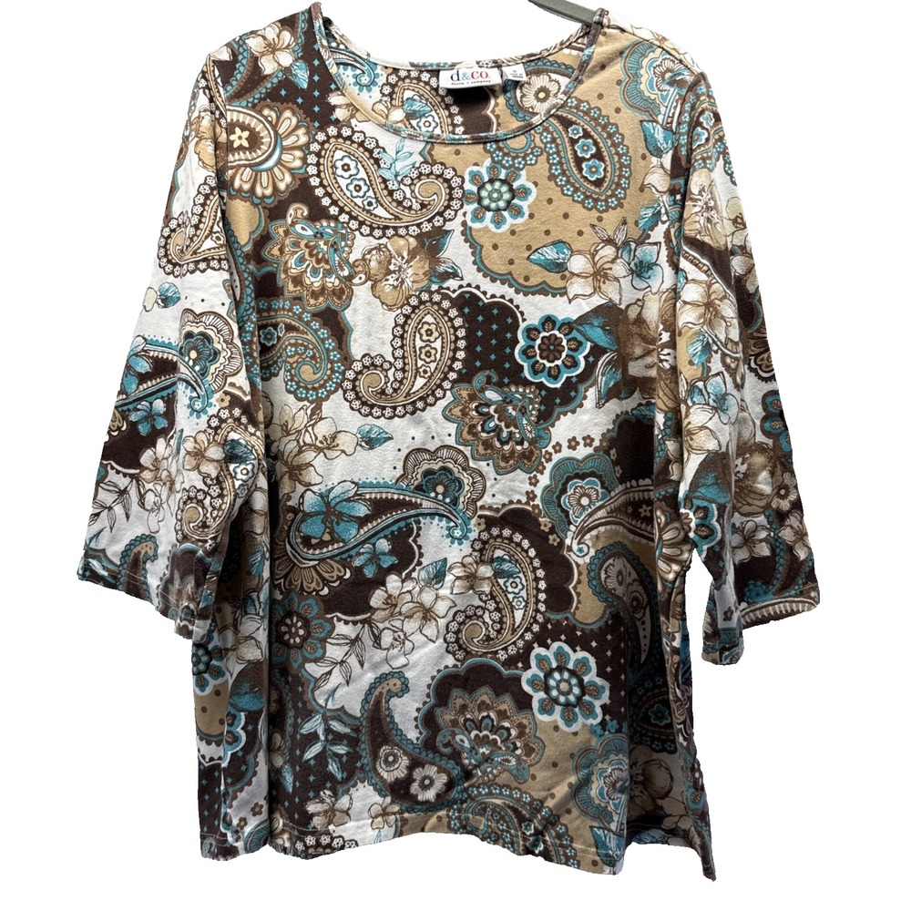 Denim & Co Women Paisley Knit Top Blue Brown White 3/4 Sleeve Plus Size 1X